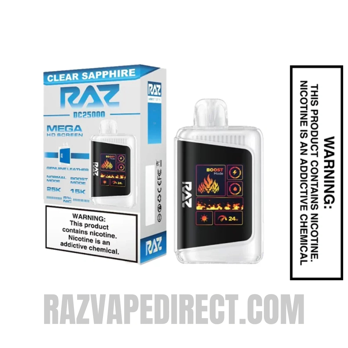 Clear Sapphire RAZ DC25000 Disposable Vape With Package Box Clear Sapphire RAZ DC25000 Disposable Vape With Package Box