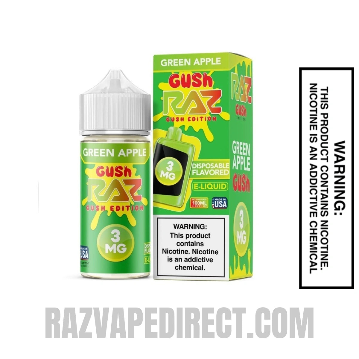Green Apple Gush RAZ Vape Juice 100 ML With Package Box Green Apple Gush RAZ Vape Juice 100 ML With Package Box