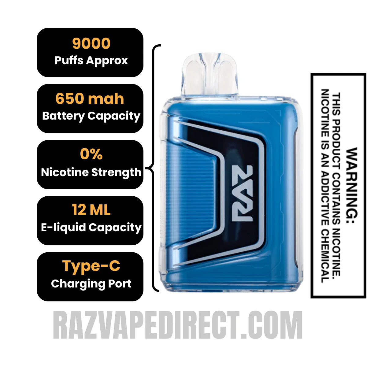RAZTN9000 Blue Razz Ice Disposable Vape 0 Nic Specifications RAZTN9000 Blue Razz Ice Disposable Vape 0 Nic Specifications