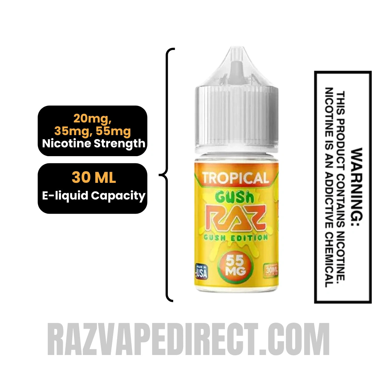 Tropical Gush RAZ Salt Nic Juice 30 ML Specification Tropical Gush RAZ Salt Nic Juice 30 ML Specification