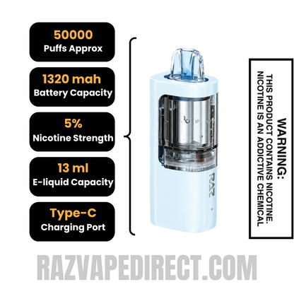Blueberry Yummy RAZ VUE 50K Disposable Vape Pod Specifications
