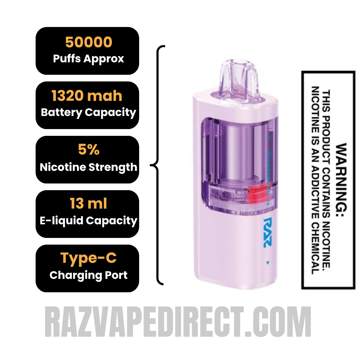 Blue Raz Blackberry RAZ VUE 50K Disposable Vape Pod Specifications
