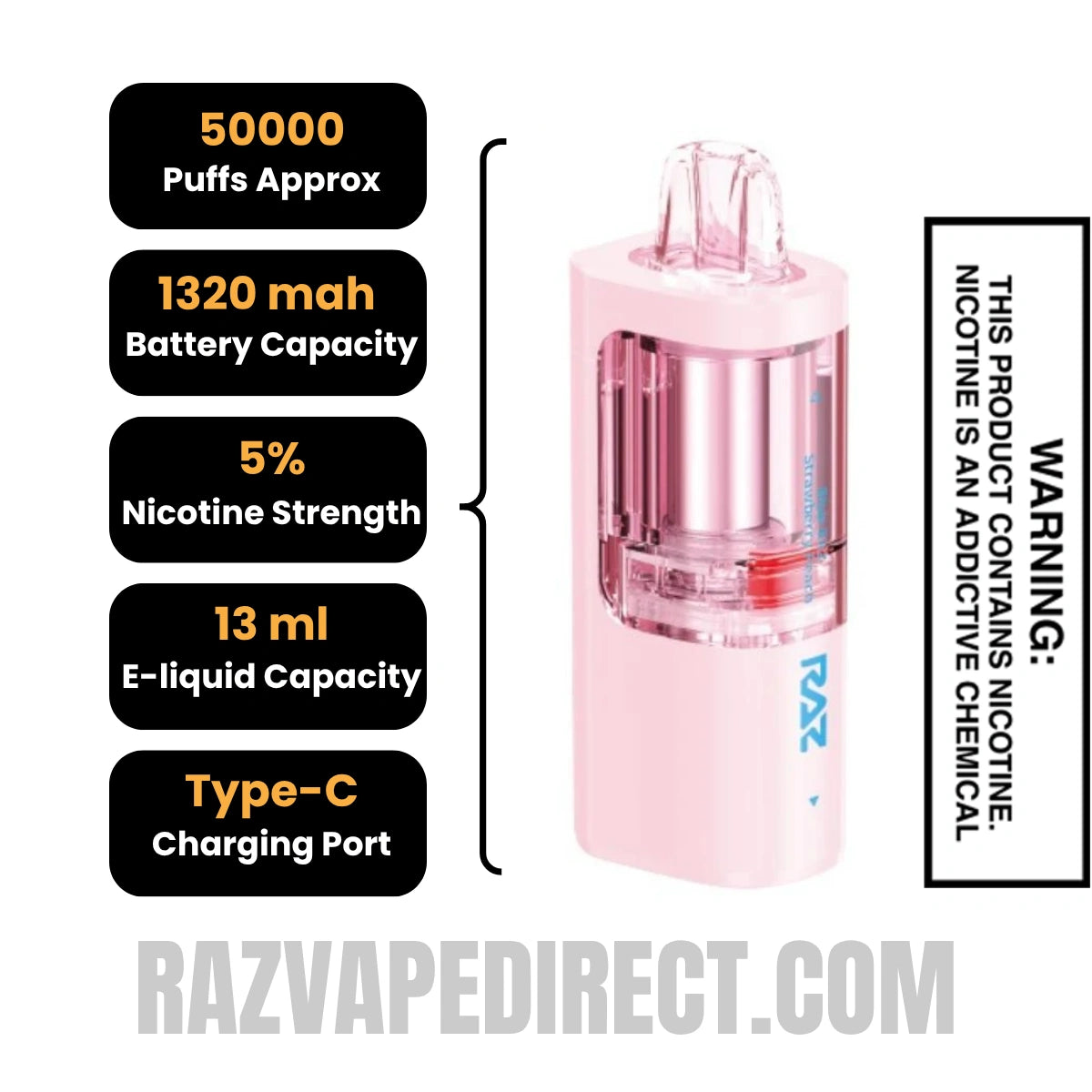 Blue Raz Strawberry Peach RAZ VUE 50K Disposable Vape Pod Specifications