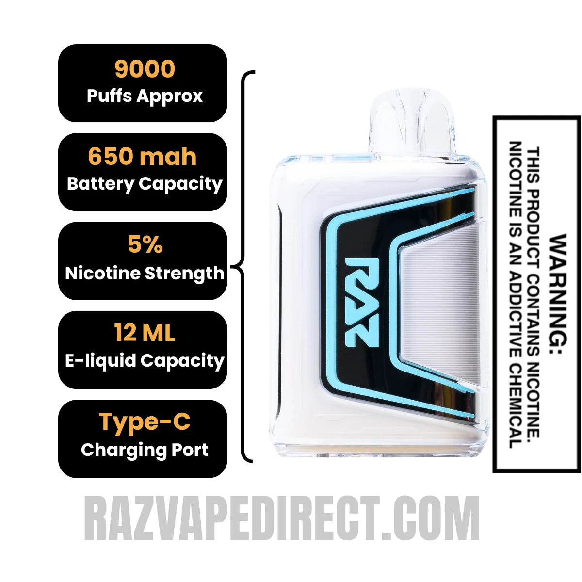 Clear RAZ TN9000 Disposable Vape Specifications