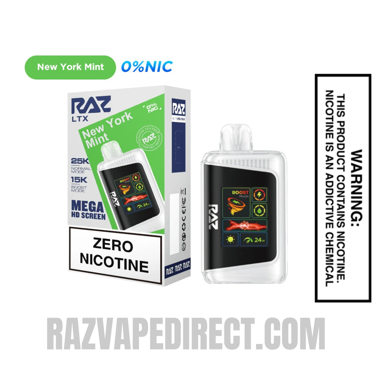 New York Mint RAZ LTX 25K Zero Nicotine Disposable Vape with Package Box