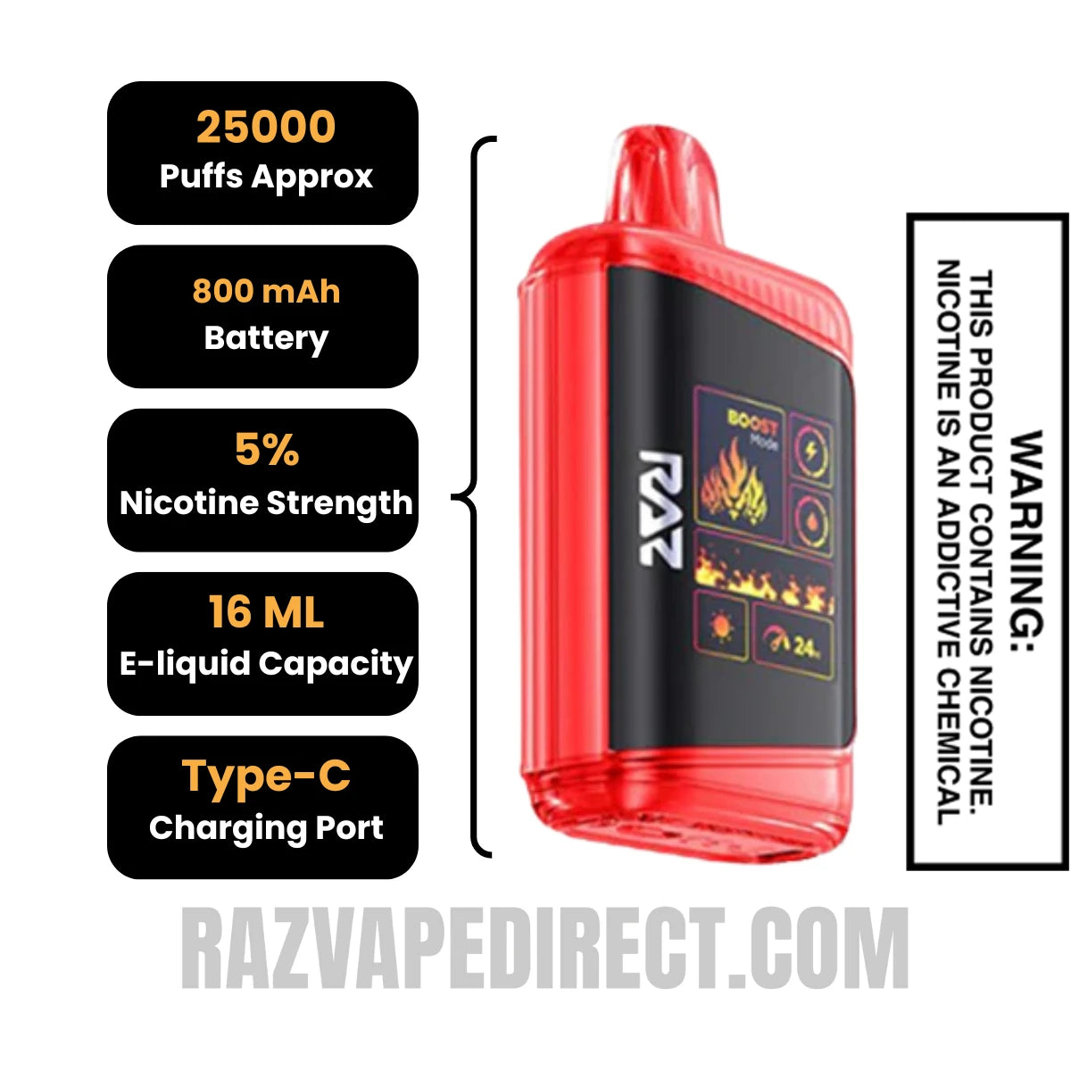 Orange Berry Lime Ice RAZ DC25000 Disposable Vape 
Specifications