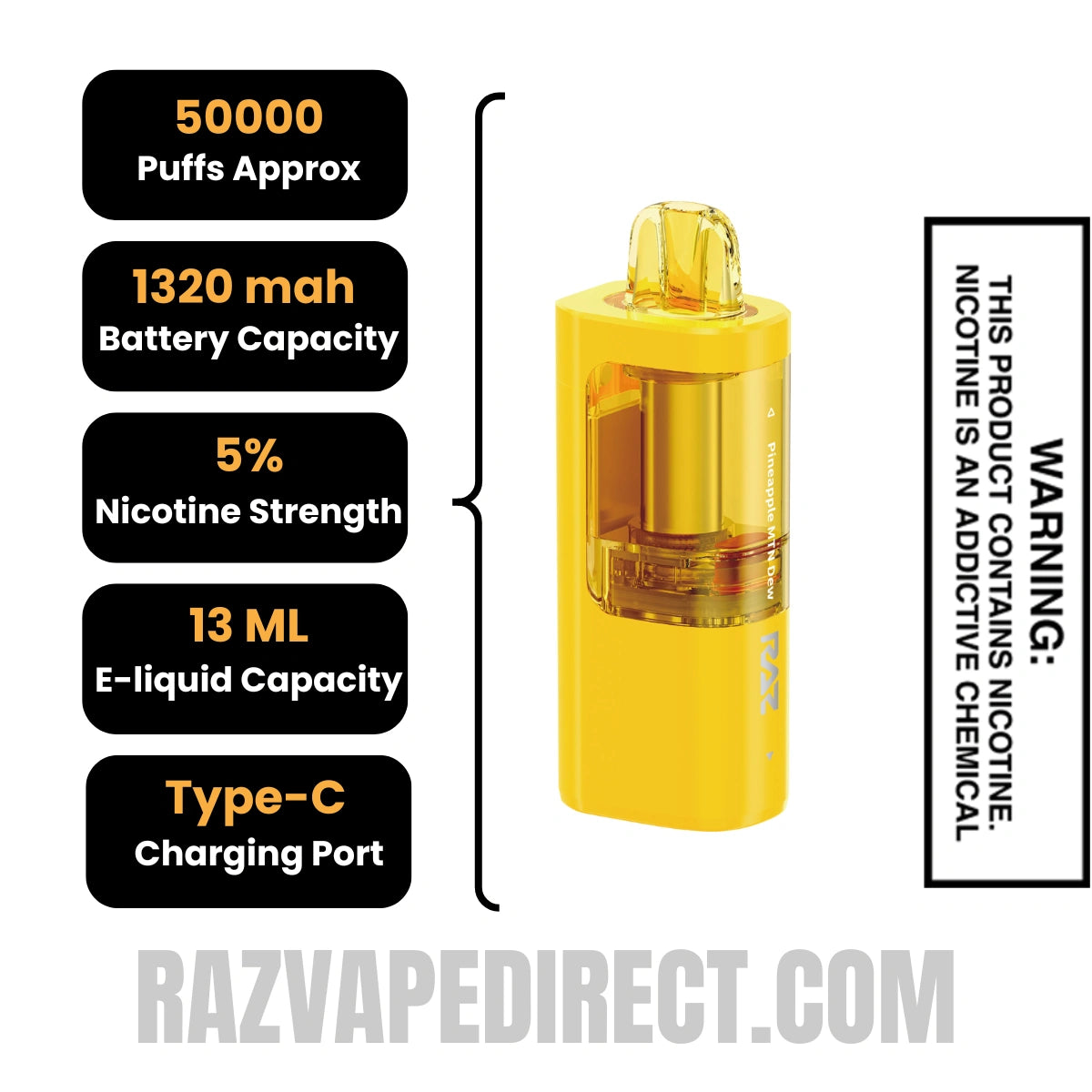 Pineapple MTN Dew RAZ VUE 50K Disposable Pod Specifications