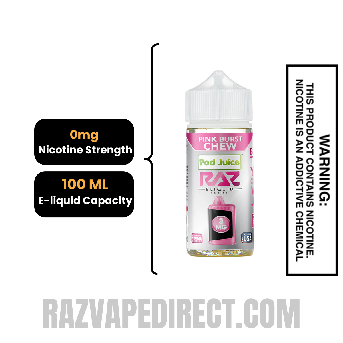 Pink Burst Chew Pod Juice X RAZ Vape Juice 100 ML specifications