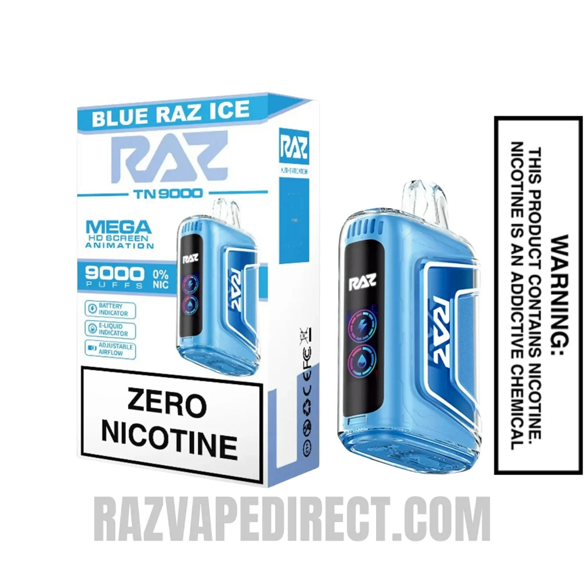 RAZTN9000 Blue Razz Ice Disposable Vape 0 Nic With Package Box