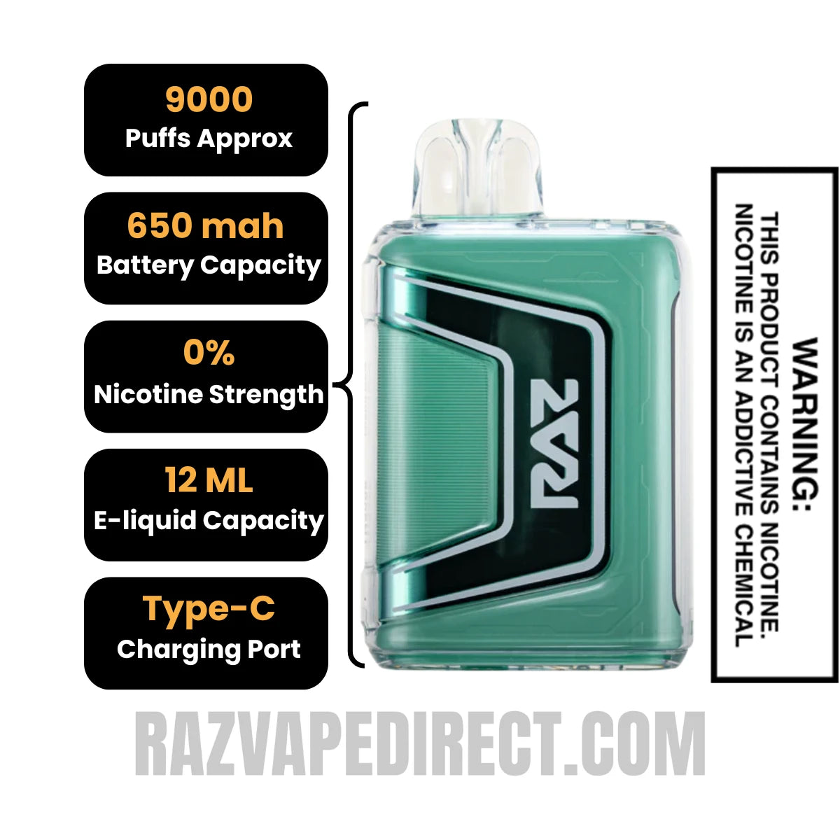 RAZTN9000 Miami Mint Disposable Vape 0 Nic Specifications