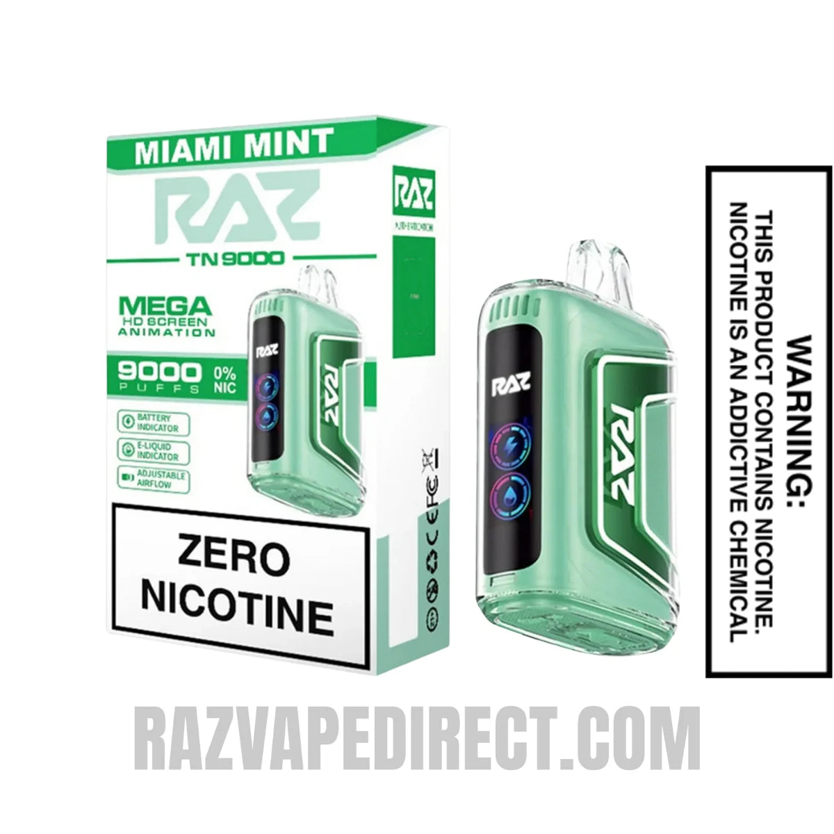 RAZTN9000 Miami Mint Disposable Vape 0 Nic With Package Box