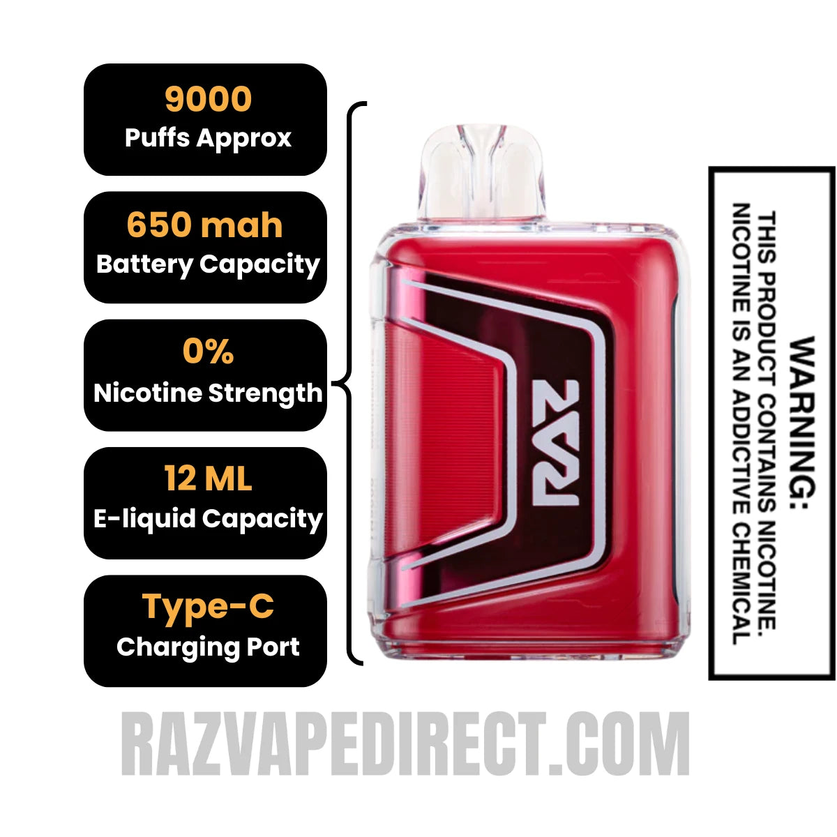 RAZTN9000 Watermelon Ice Disposable Vape 0 Nic Specifications