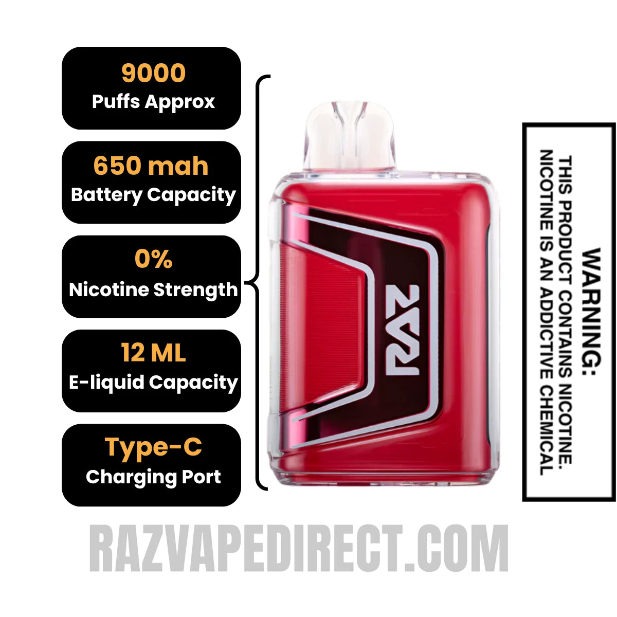 RAZTN9000 WatermelonIce Disposable Vape 0 Nic Specifications