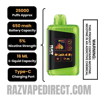 Sour Apple Ice RAZ LTX 25000 Disposable Vape Specifications