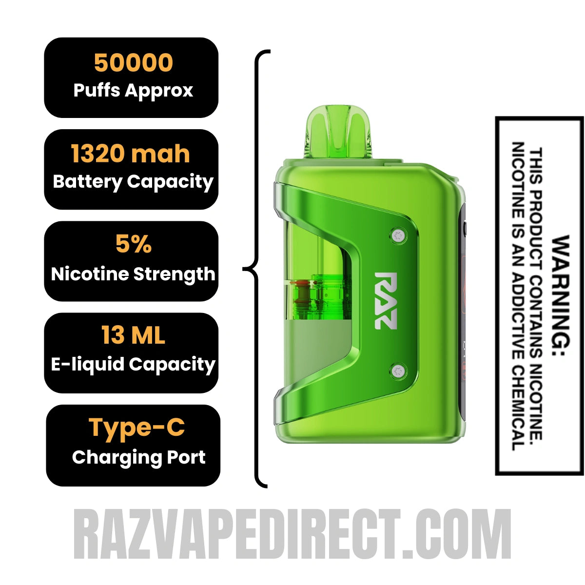 Sour Apple Ice RAZ VUE 50K Disposable Kit Specifications