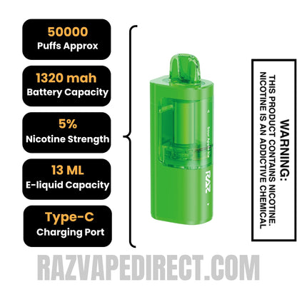 Sour Apple Ice RAZ VUE 50K Disposable Pod Specifications