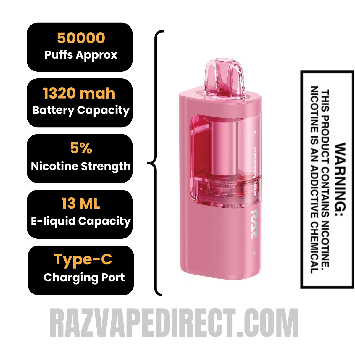 Strawberry Blast RAZ VUE 50K Disposable Pod Specifications