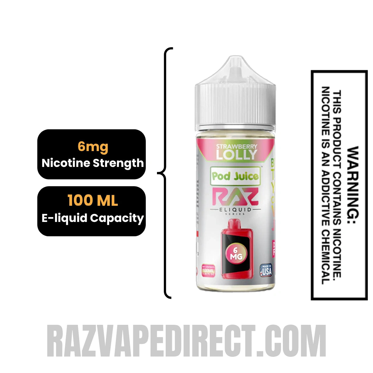 Strawberry Lolly RAZ Vape Juice 100 ML specifications