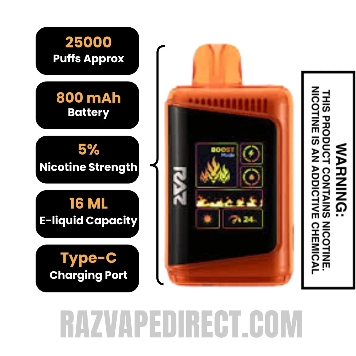 Strawberry Orange Tang RAZ DC25000 Disposable Vape Specifications