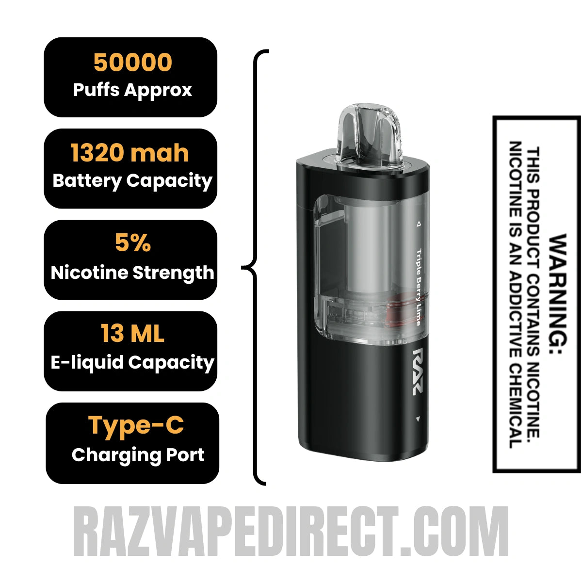 Triple Berry Lime RAZ VUE 50K Disposable Pod Specifications