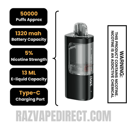 Triple Berry Lime RAZ VUE 50K Disposable Pod Specifications
