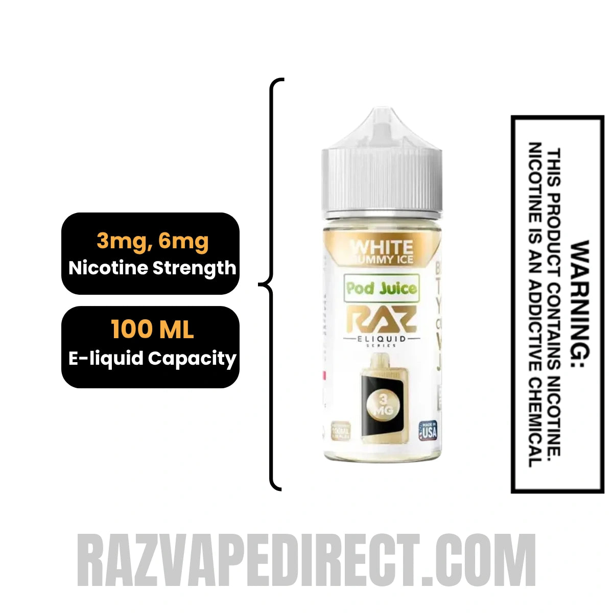 White Gummy Ice RAZ Vape Juice 100 ML specifications