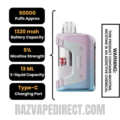 White Gummy RAZ VUE 50K Disposable Kit Specifications